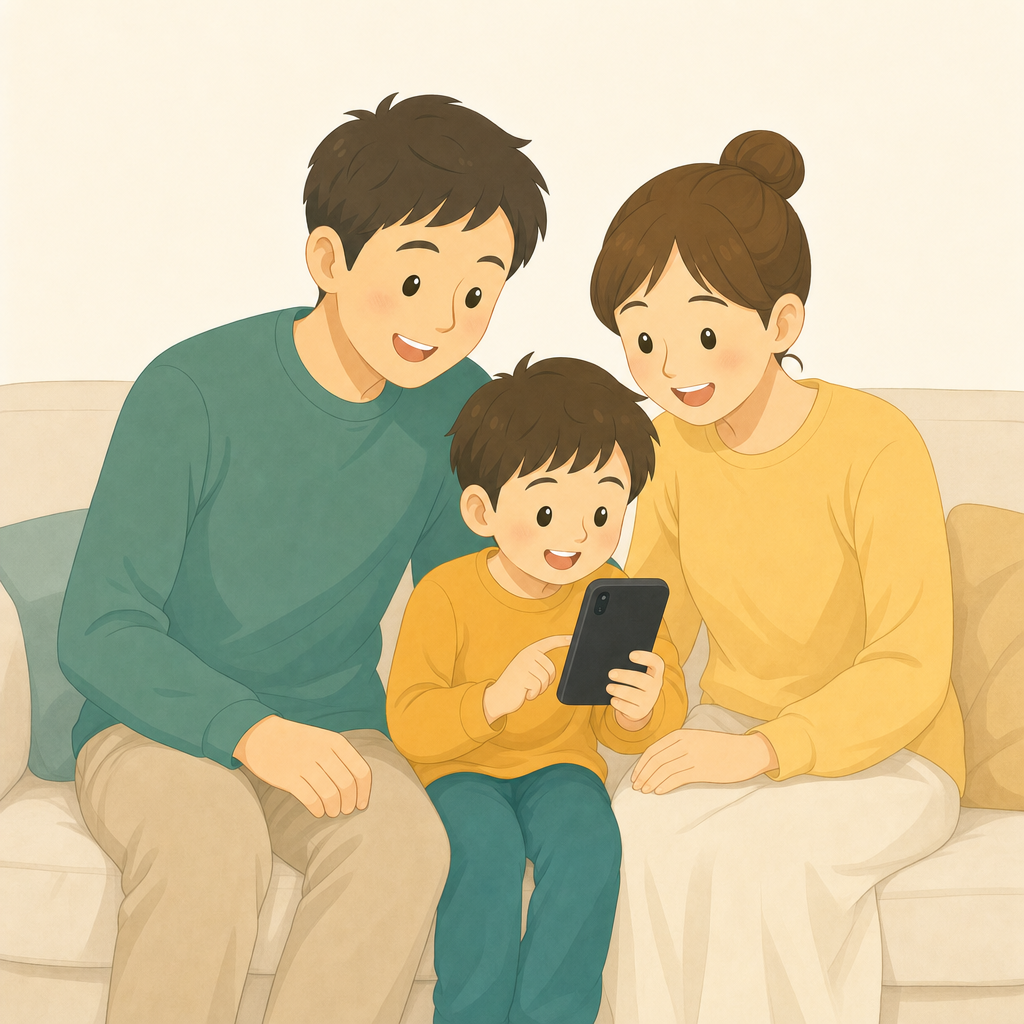 リビングのソファでスマートフォンを見ながら笑顔で過ごす家族3人