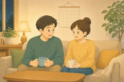 夜のリビングでソファに並んで座り、壁のカレンダーを前に話し合う夫婦