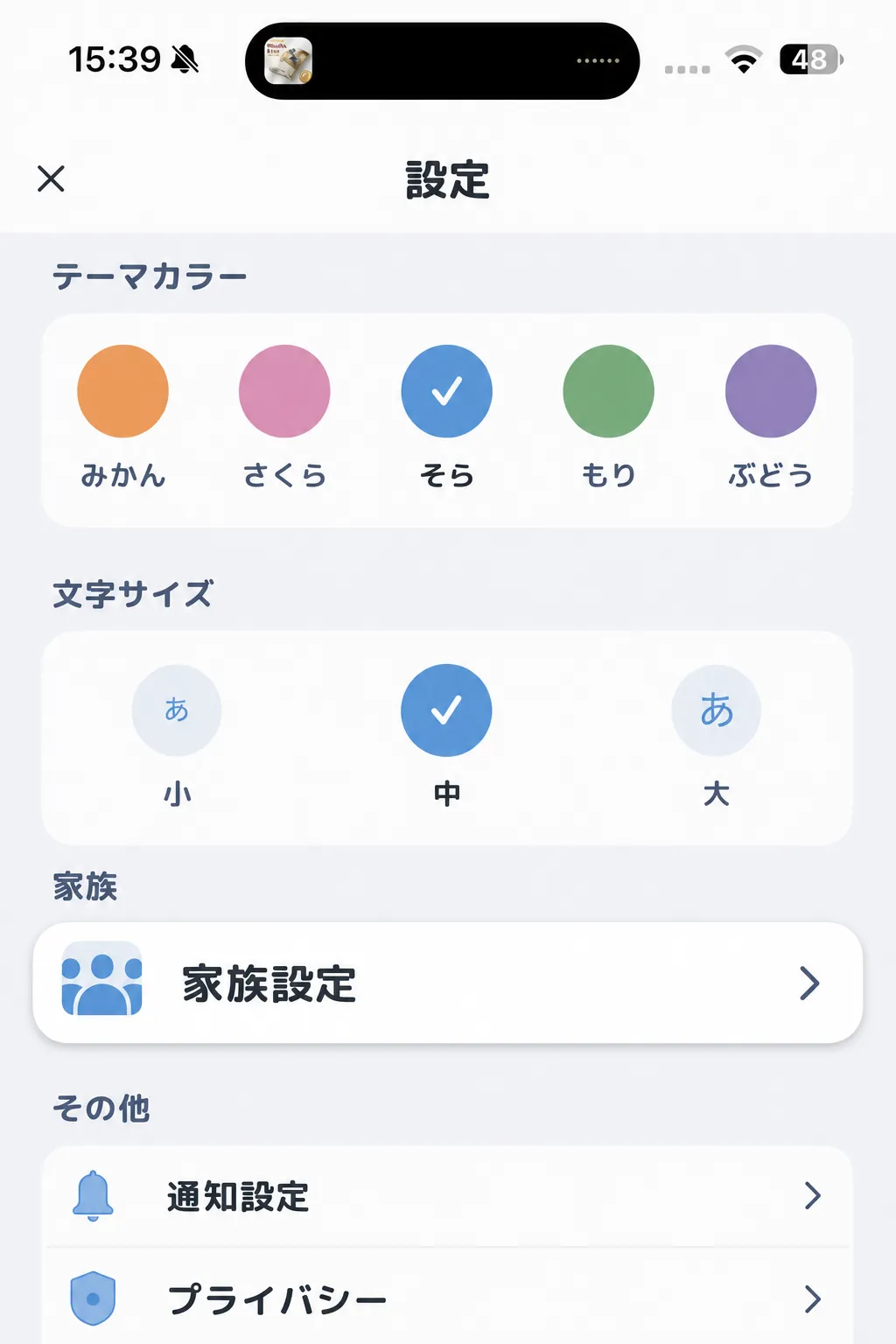 設定画面のスクリーンショット
