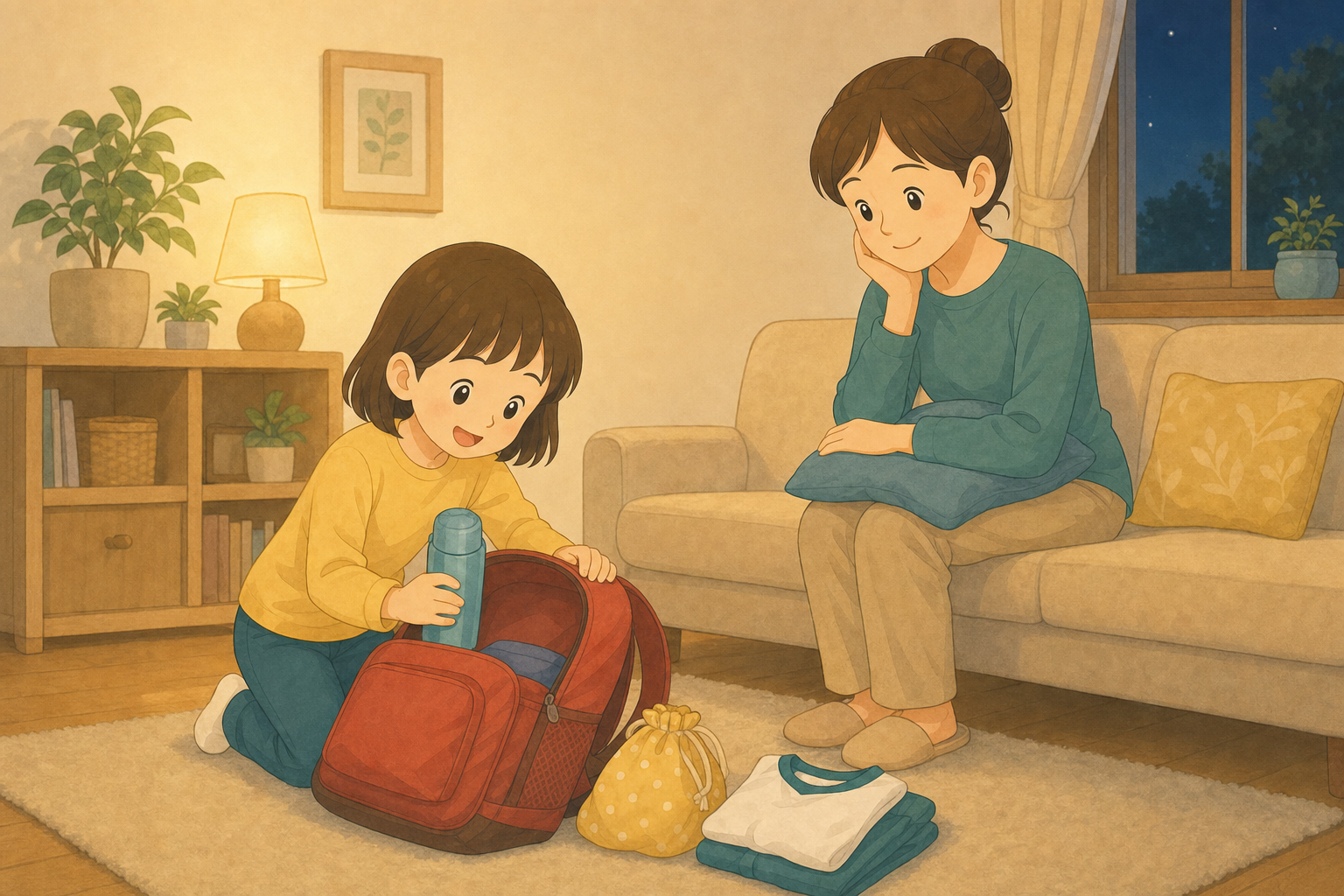 夜のリビングで子どもが翌日の持ち物をランドセルに詰める様子