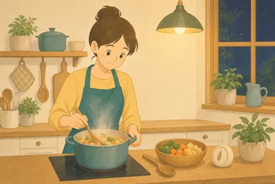 夜のキッチンで鍋をかき混ぜながら料理をする様子