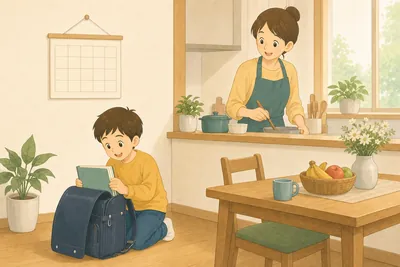 朝のキッチンで、床に置いたランドセルに教科書を入れる子どもと、台所に立つ親