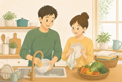 キッチンのシンクに並んで立ち、食器を洗う人と拭く人が分担している様子