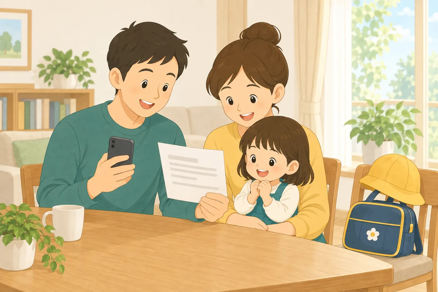 小さな子どもを膝にのせた夫婦が、園のプリントとスマートフォンを見ながら笑っている様子