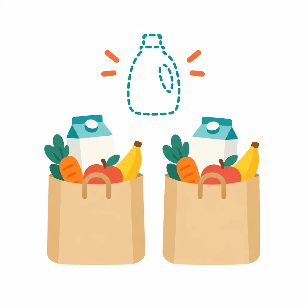 同じ牛乳が入った買い物袋が2つ並び、洗剤だけが点線になっているイラスト