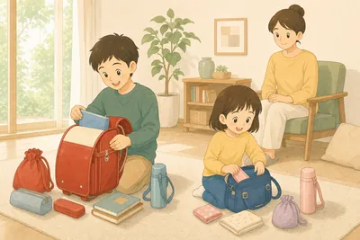 リビングで、姉と弟がそれぞれの荷物を分けて自分のかばんに詰めている様子