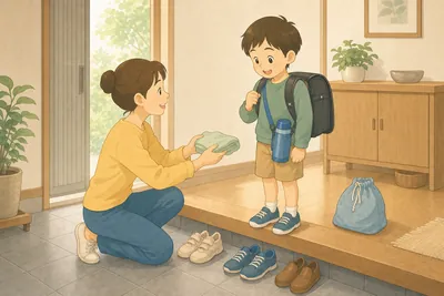 玄関でランドセルと水筒を持った子どもに、親が体操服を手渡している様子