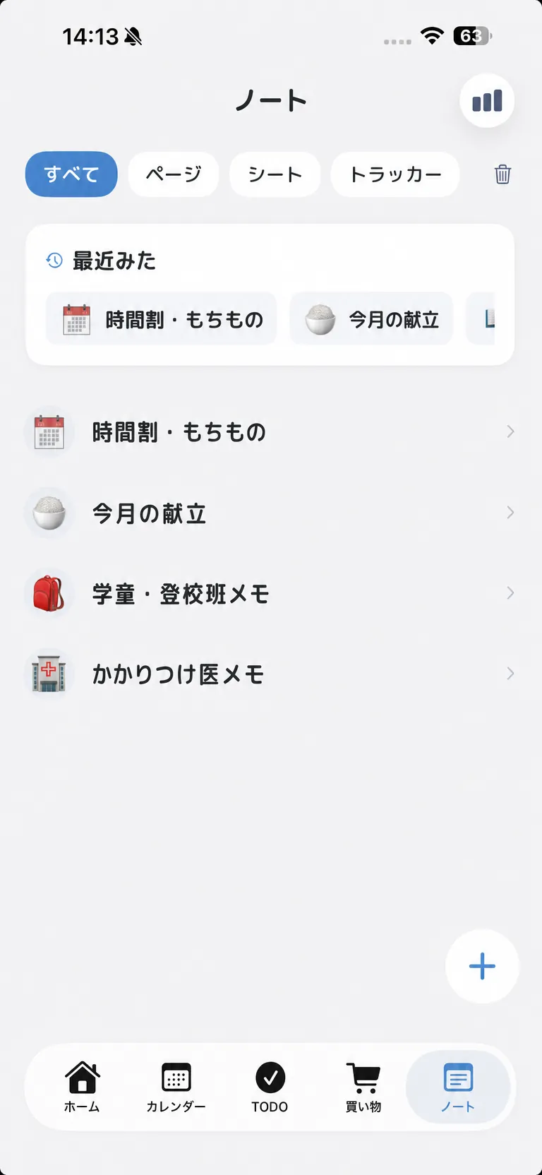 ノート一覧画面。時間割・もちもの、今月の献立、学童・登校班メモ、かかりつけ医メモが並んでいる
