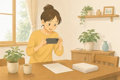 ダイニングテーブルに置いた学校のプリントをスマートフォンで撮影する親の様子