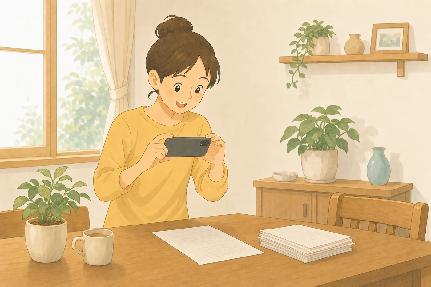 ダイニングテーブルに置いた学校のプリントをスマートフォンで撮影する親の様子