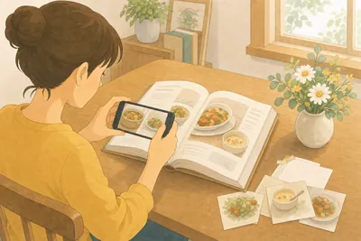 ダイニングテーブルで開いた料理本のページをスマートフォンで撮影する様子