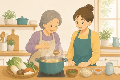 祖母と母が台所に並んで鍋の味つけを教え合う様子