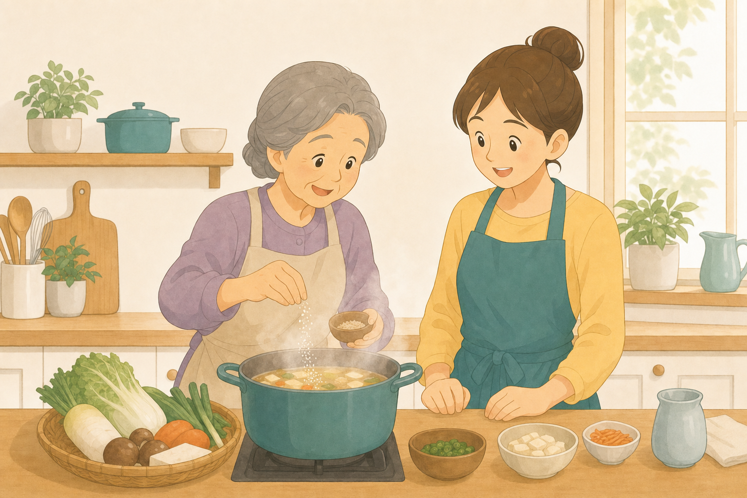 祖母と母が台所に並んで鍋の味つけを教え合う様子