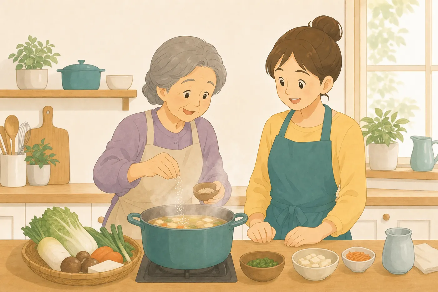 祖母と母が台所に並んで鍋の味つけを教え合う様子