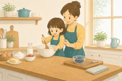 踏み台に立った子どもが親に見守られて初めての料理に挑戦する様子