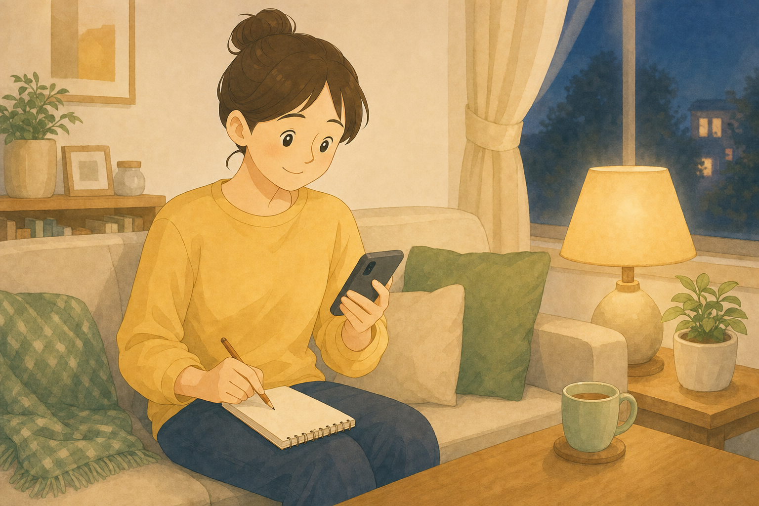 夜のリビングでスマートフォンを見ながらノートに書き写す様子