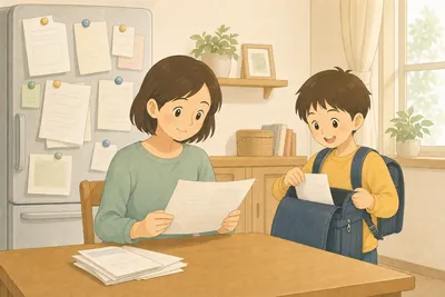 冷蔵庫にプリントが貼られたダイニングで、親が学校のプリントを読み、子どもがランドセルから紙を取り出す様子