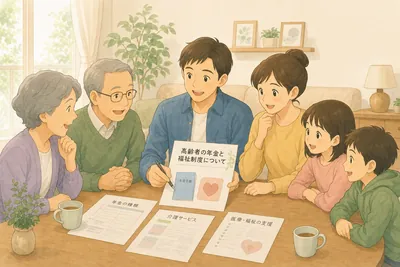 リビングのテーブルで親世代の生活保護や年金について家族で話し合う様子