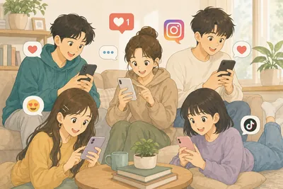 スマートフォンでSNSを使うZ世代の若者たち、パステル調で描いた様子