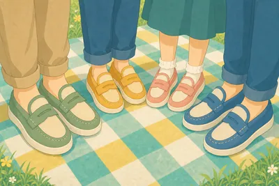 スニーファーを履く家族の足元を、パステル調で描いた様子