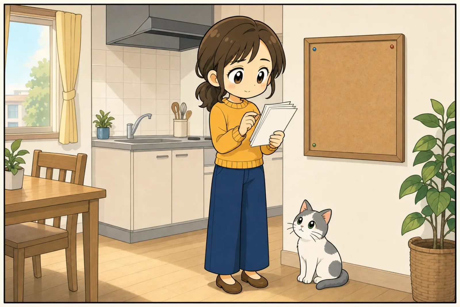 誰もいなくなった朝のキッチンで、コルクボードから外したプリントの束を持ったまま、数えるのをやめて立ちつくす母親
