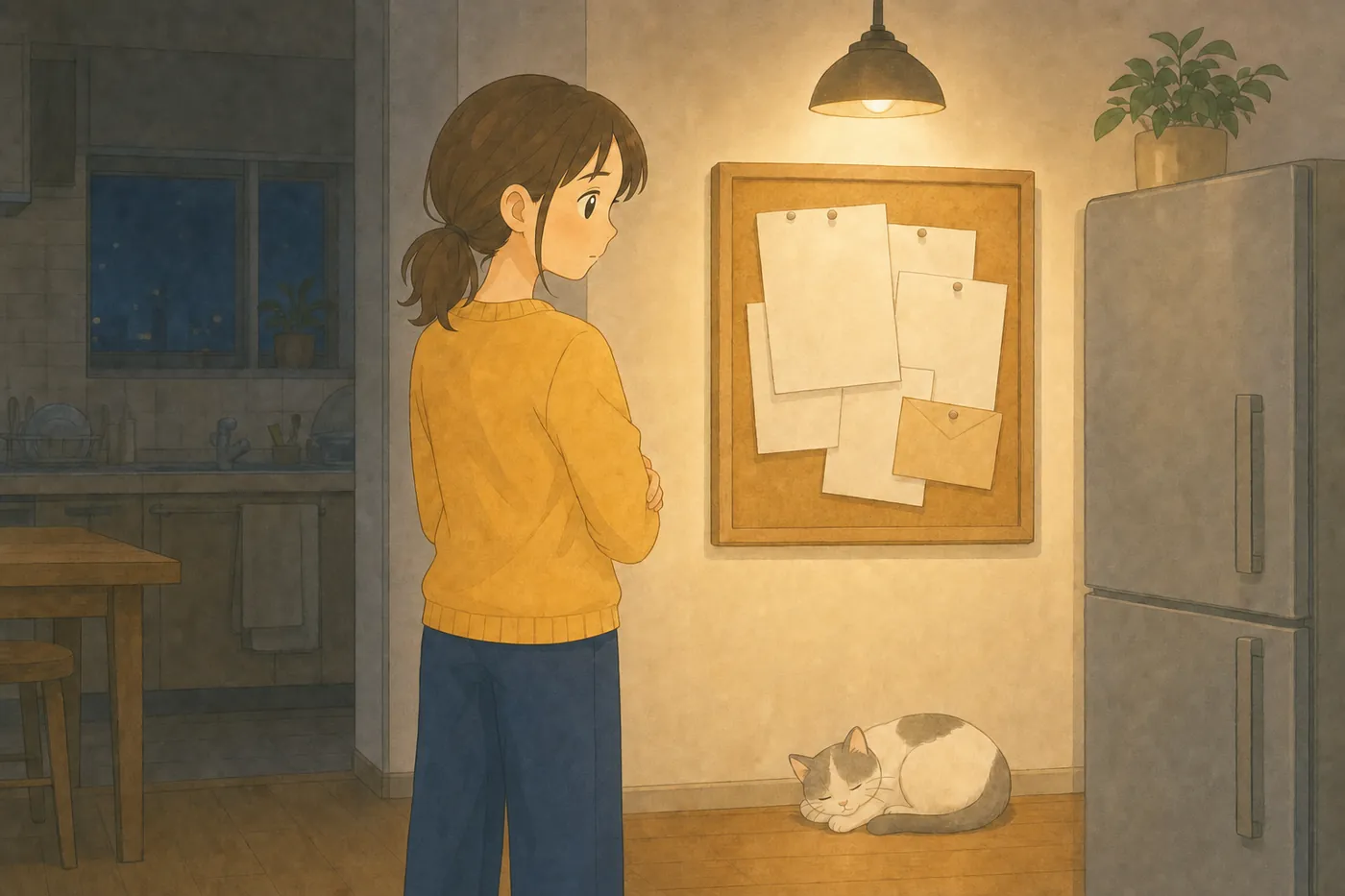 夜のキッチンで、冷蔵庫の横のコルクボードに重なったプリントを見ている母親と、その足元で眠る猫
