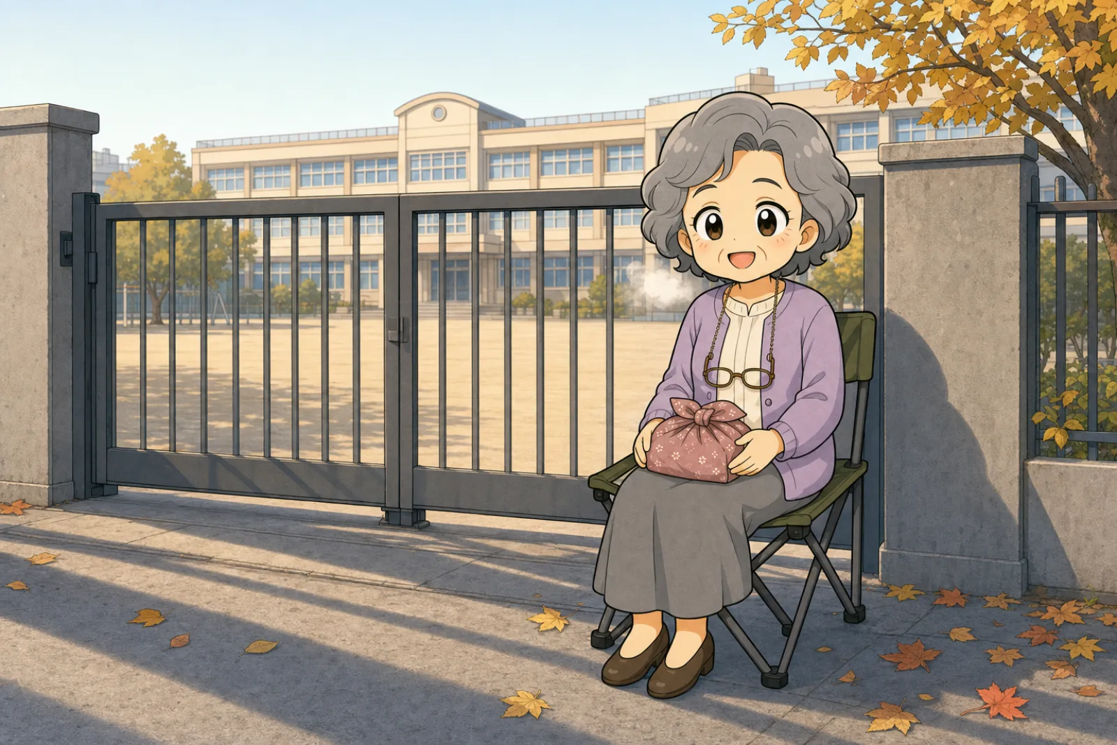 誰もいない小学校の校門の前で、折りたたみ椅子に座ってお弁当を膝に抱え、ひとりで待っている祖母