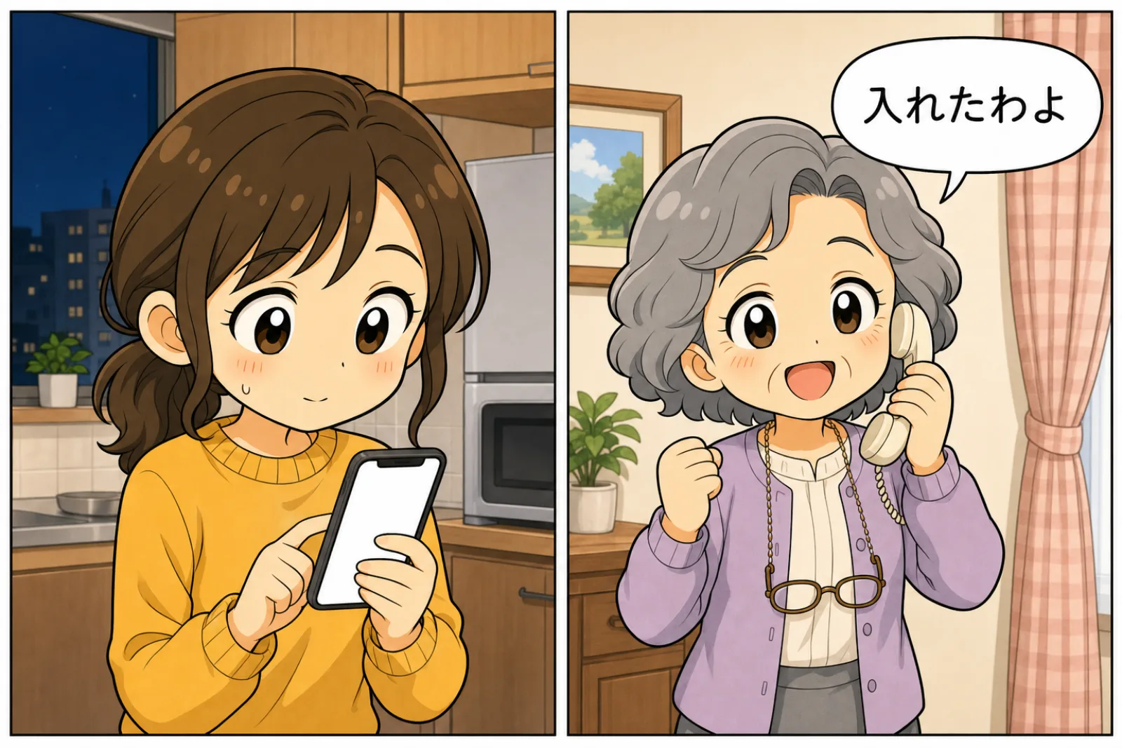 スマートフォンで招待コードを送る母親と、電話口で「入れたわよ」と得意そうに報告する祖母の2コマ
