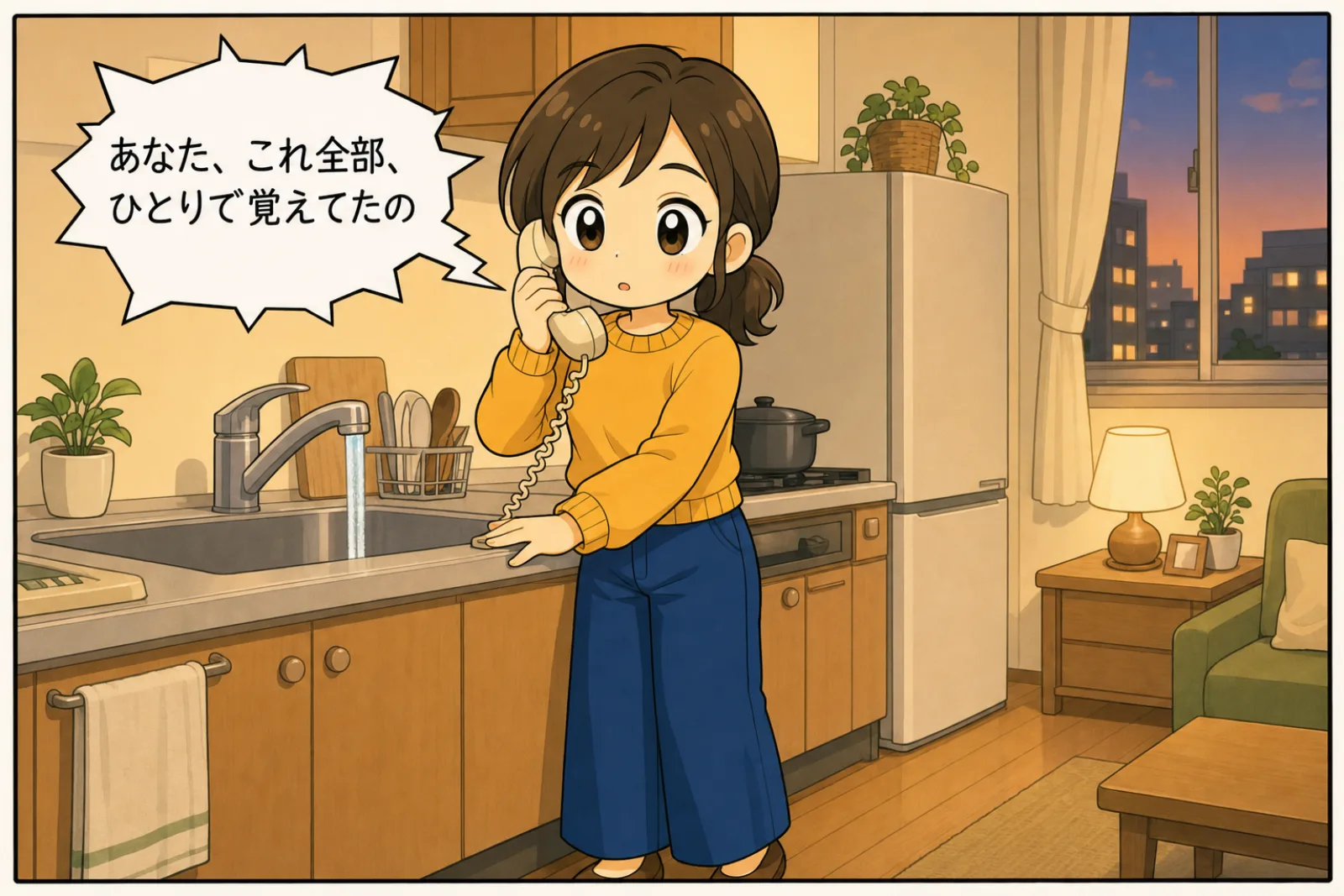 受話器を耳に当てたまま、水を出しっぱなしの蛇口に手をかけて動きを止めている母親