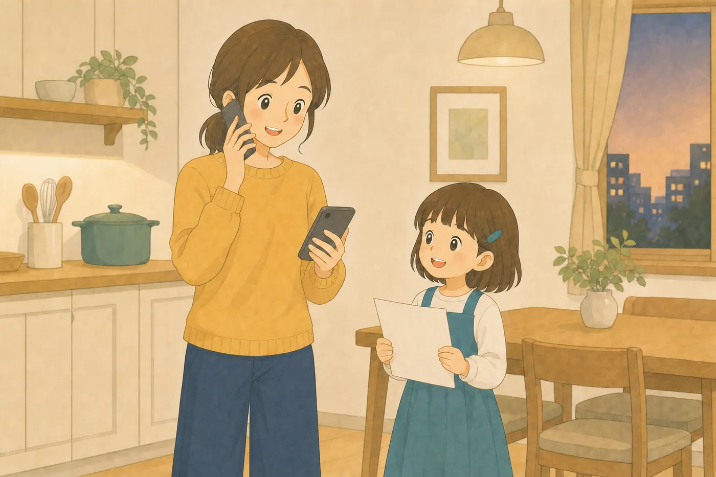 夕方のキッチンで、電話を耳に当てながらスマートフォンを見る母親と、そばでプリントを持って見上げる娘