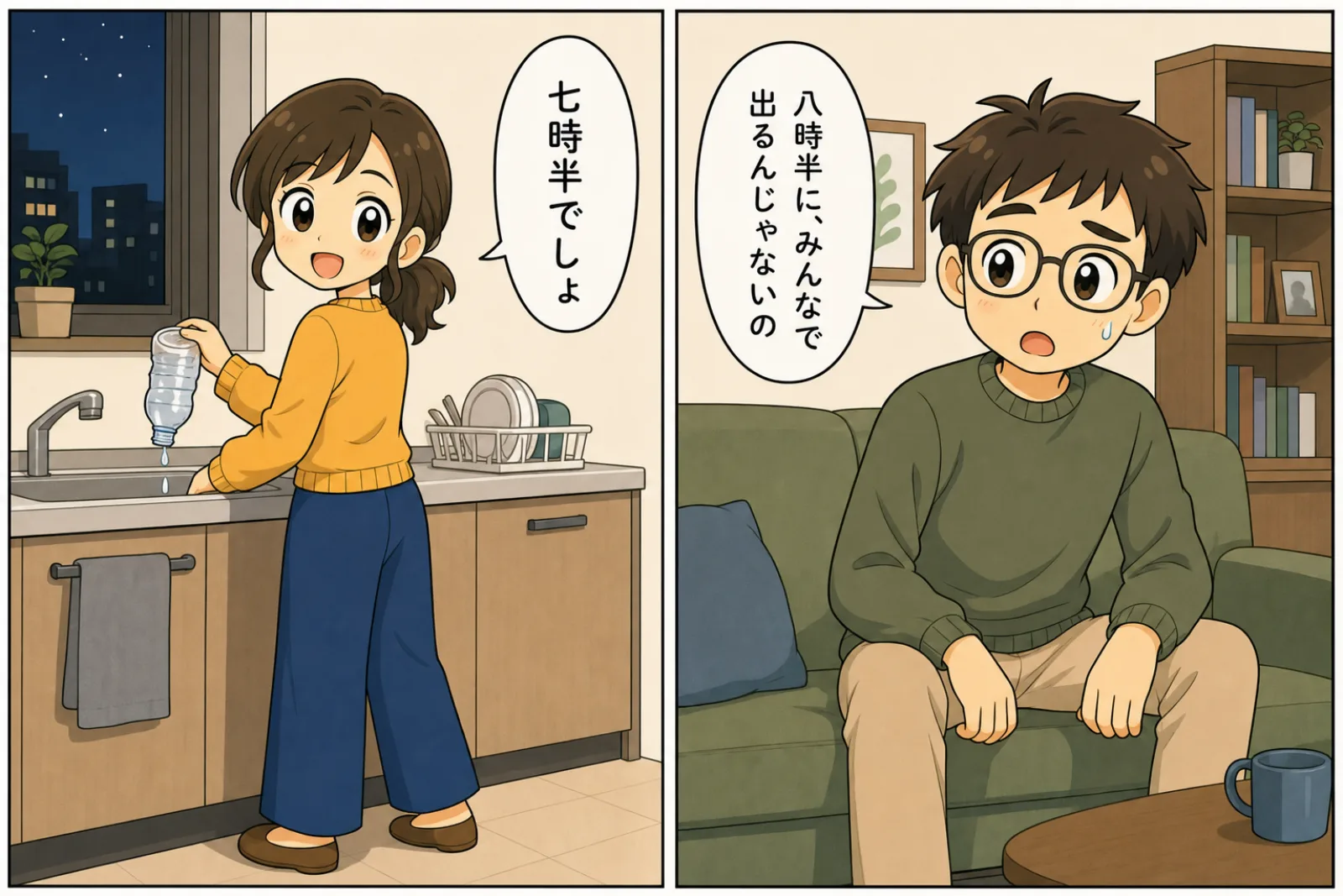 夜のキッチンで「七時半でしょ」と答える母親と、ソファで「八時半に、みんなで出るんじゃないの」と戸惑う父親の2コマ