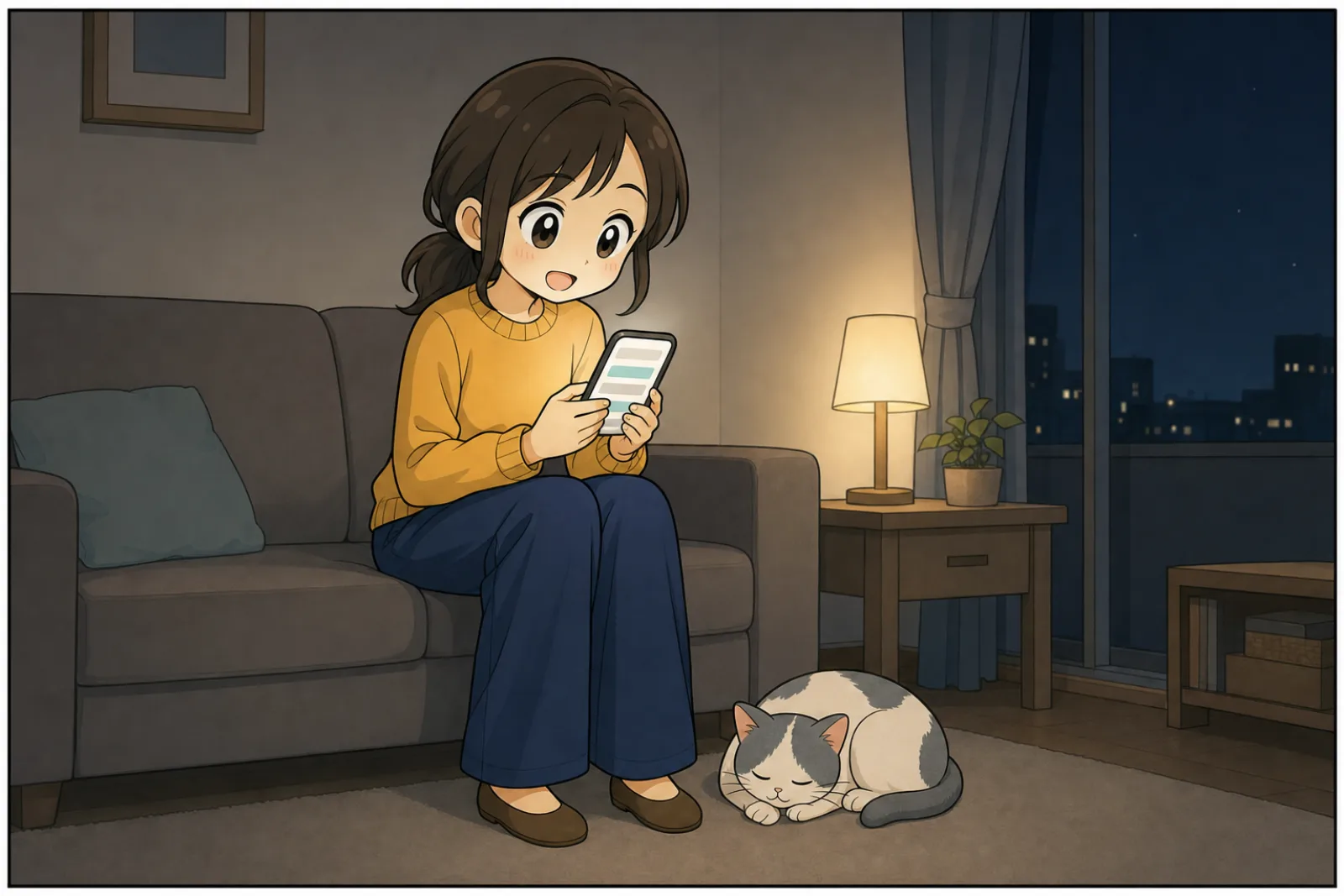 夜のリビングでひとり、家族の予定が増えた画面を見て表情をゆるめる母親と、足元で眠る猫