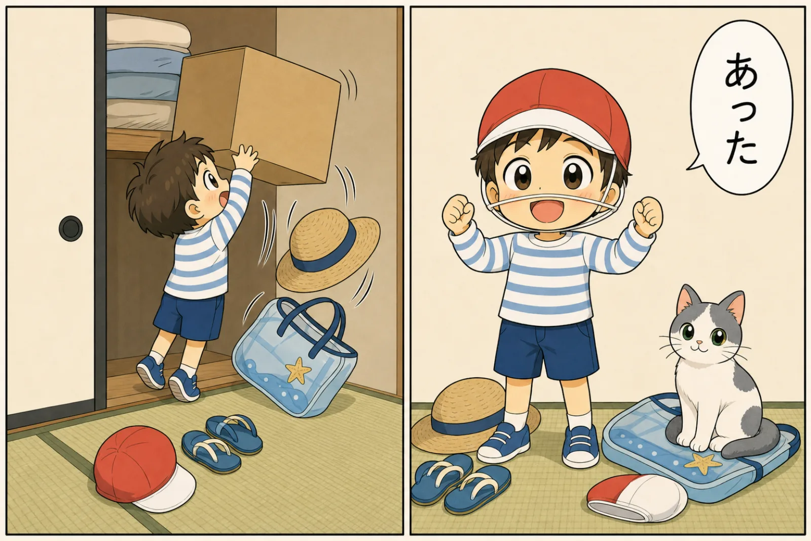 押し入れの衣がえの箱を引っぱり出す幼い息子と、見つけた紅白帽をかぶって「あった」と振り返る姿の2コマ