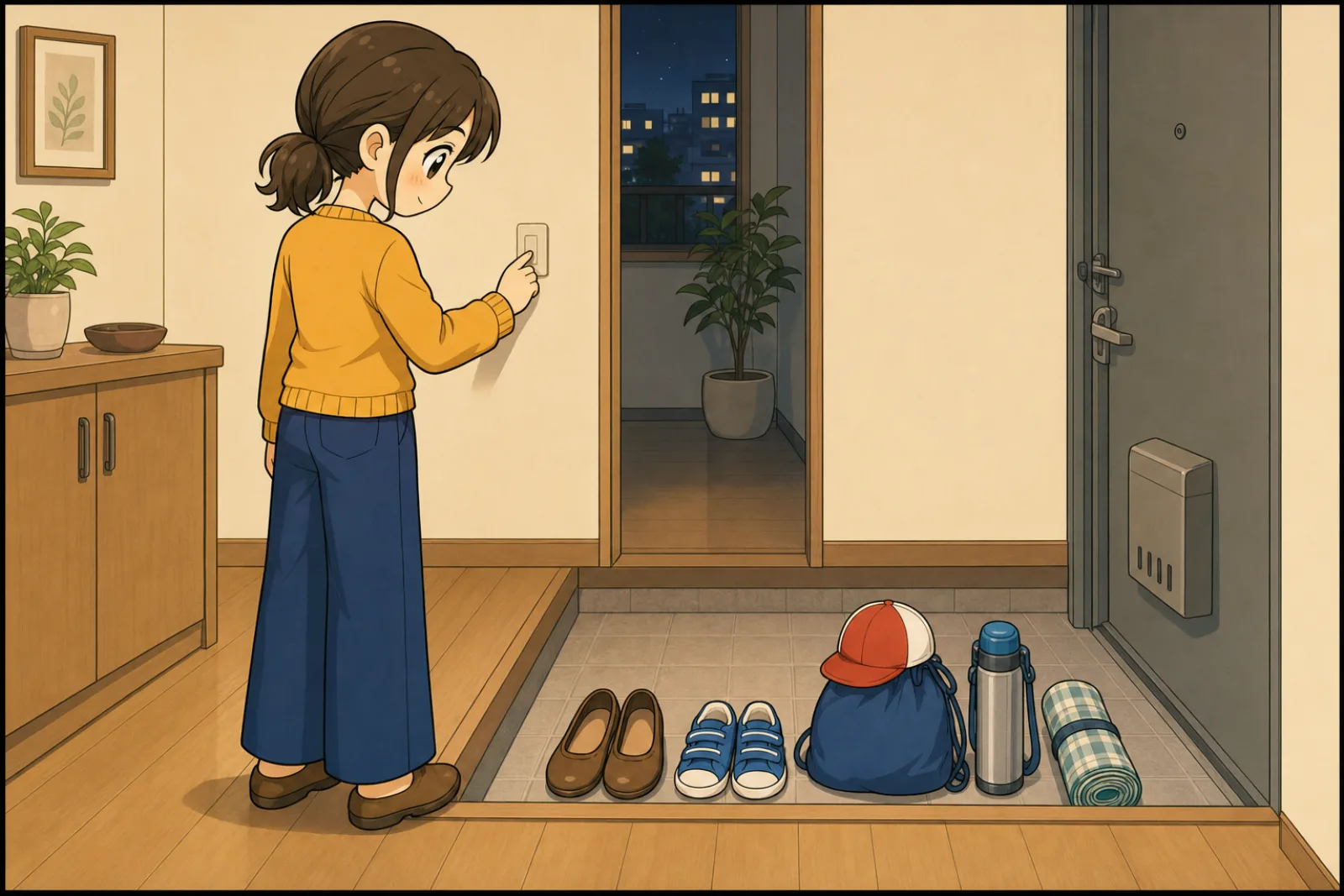 明日の持ち物がすべて並んだ夜の玄関と、照明のスイッチに手をかけてそれを見ている母親