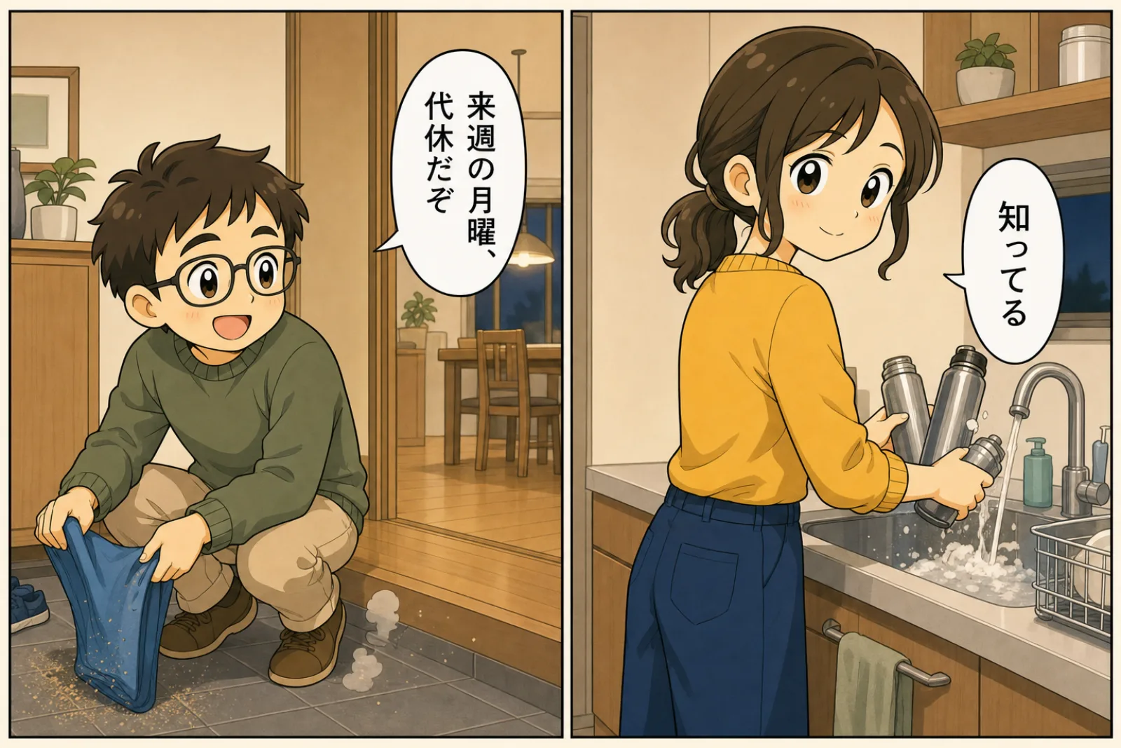 帰宅後、玄関でレジャーシートの砂を払いながら「来週の月曜、代休だぞ」と話す父親と、台所で水筒を洗いながら「知ってる」と振り返る母親の2コマ