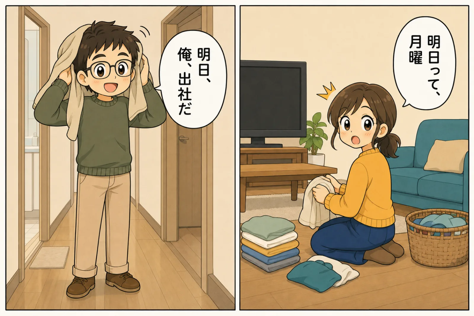 日曜の夜、髪を拭きながら「明日、俺、出社だ」と言う父親と、洗濯物をたたむ手を止めて振り返る母親の2コマ