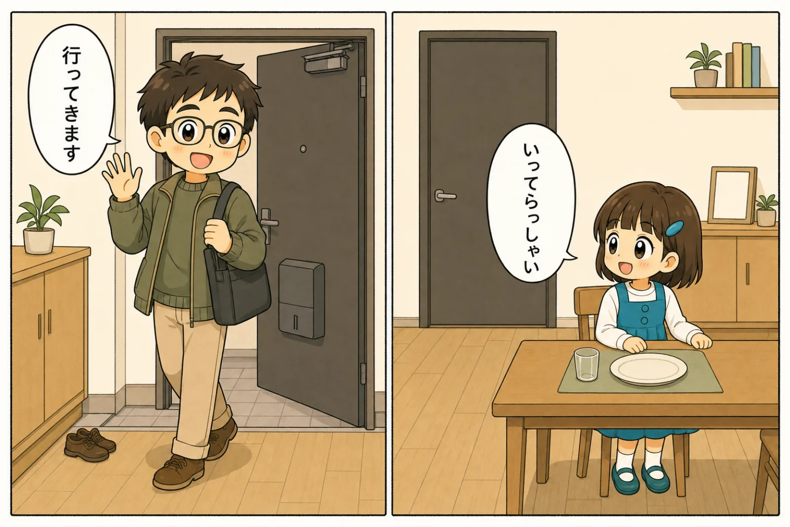 平日の昼、上着を着て「行ってきます」と玄関へ向かう父親と、「いってらっしゃい」と見送ってひとりダイニングに残る娘の2コマ