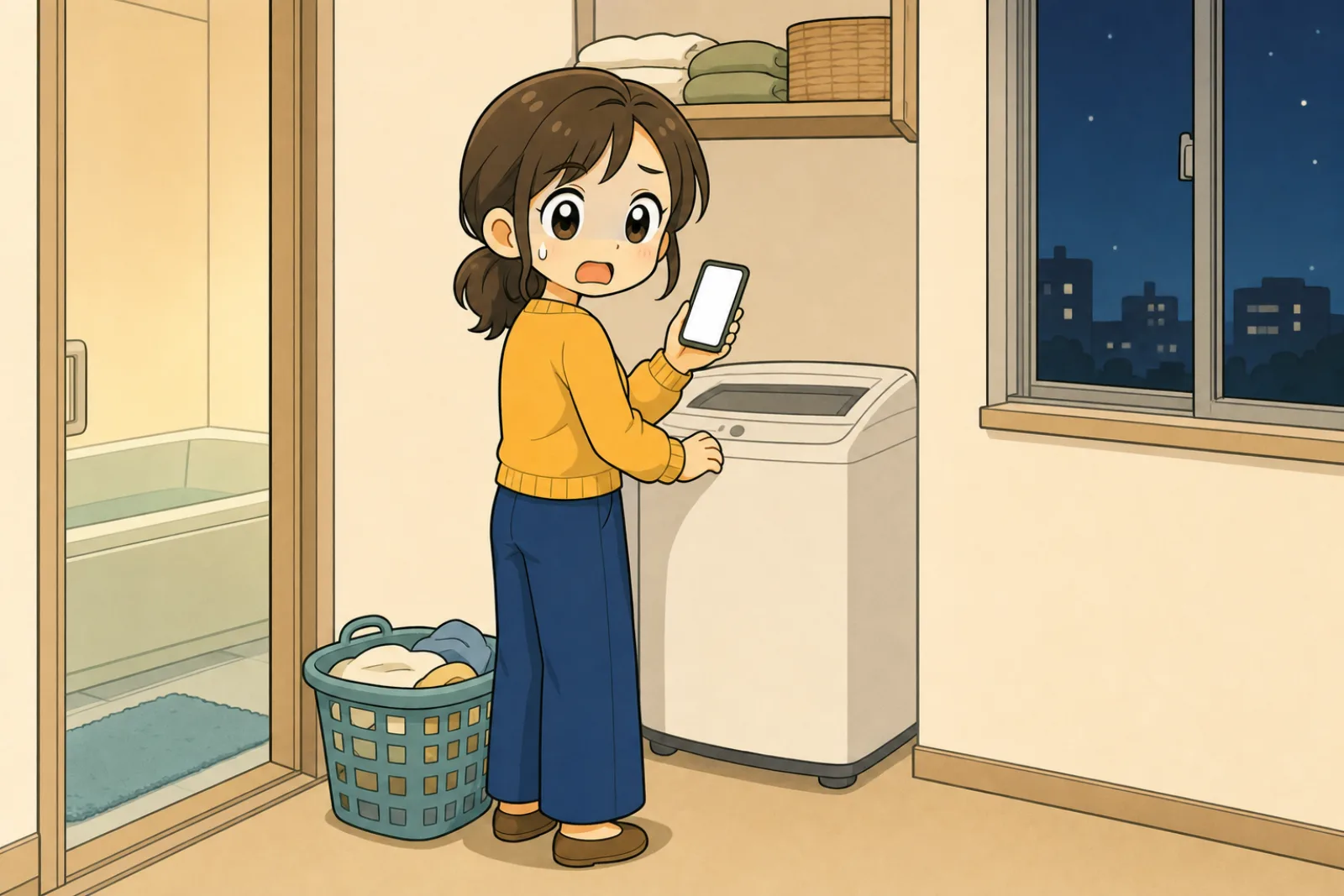 夜の脱衣所で洗濯機の前に立ち、クラスのLINEを見て思わず顔を上げた母親