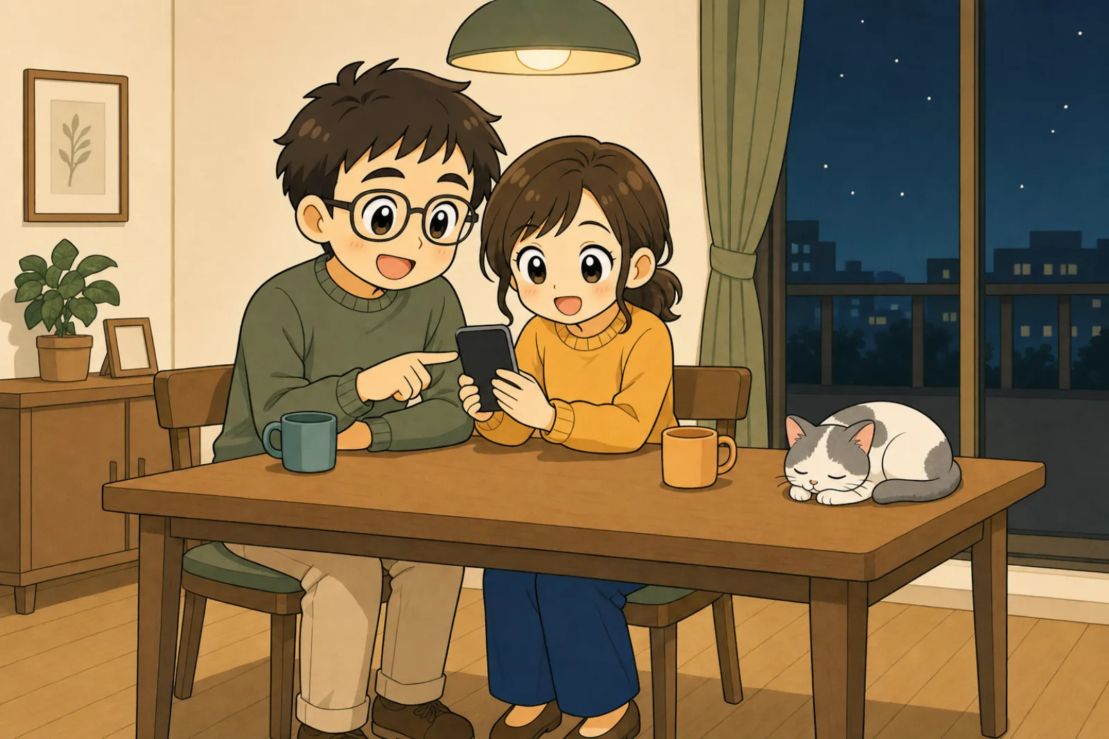夜のダイニングで、並んで座ってスマートフォンの運動会の写真を選んでいる夫婦と、テーブルの上で丸くなる猫