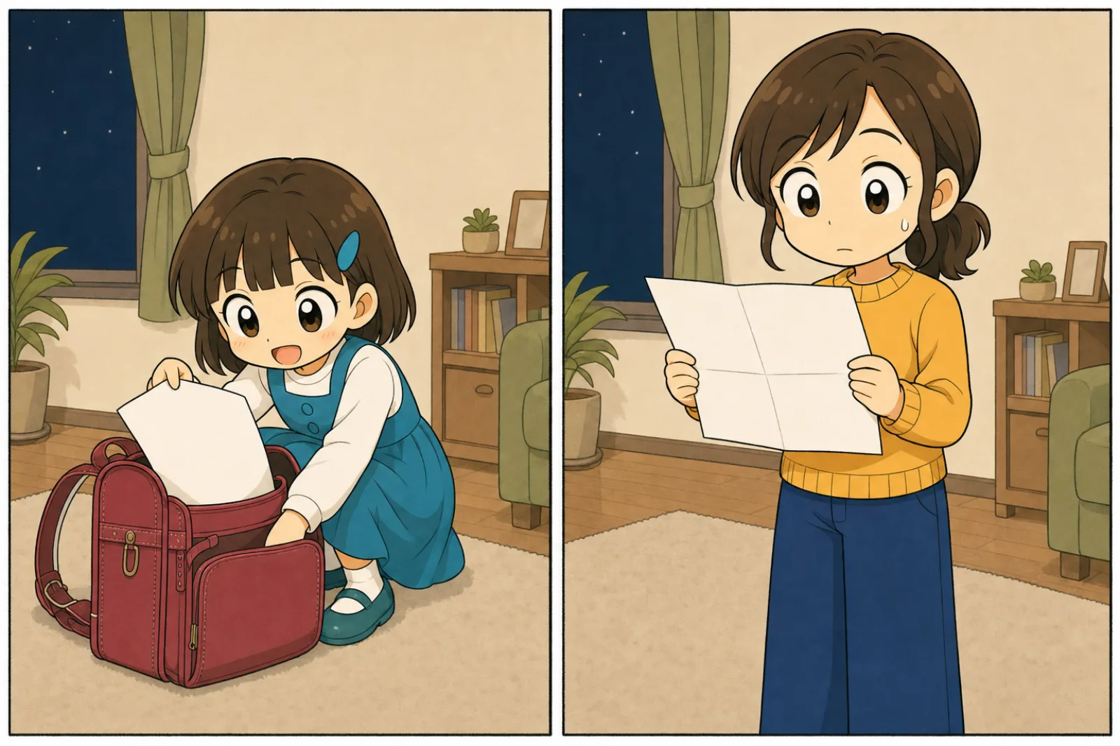 ランドセルの底から二つ折りのしおりを取り出す娘と、それを開いて裏返し、裏面に並んだ持ち物を見ている母親の2コマ