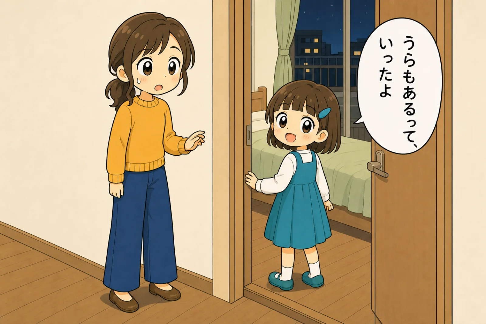 寝室の手前で娘が「うらもあるって、いったよ」と振り返り、答えに詰まる母親