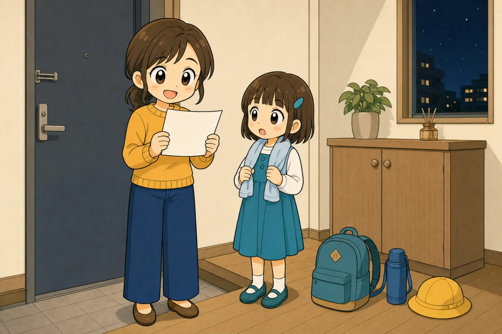 夜の玄関に並べたリュックと水筒の前で、二つ折りのしおりを裏返して見ている母親と、そばに立つ小学生の娘