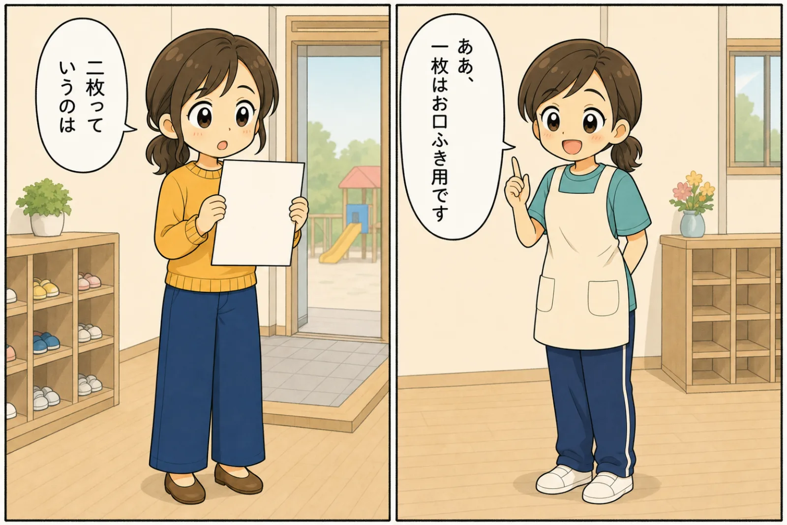 朝の保育園の玄関で、おたよりを手に「二枚っていうのは」と尋ねる母親と、「ああ、一枚はお口ふき用です」と即答する保育士の2コマ