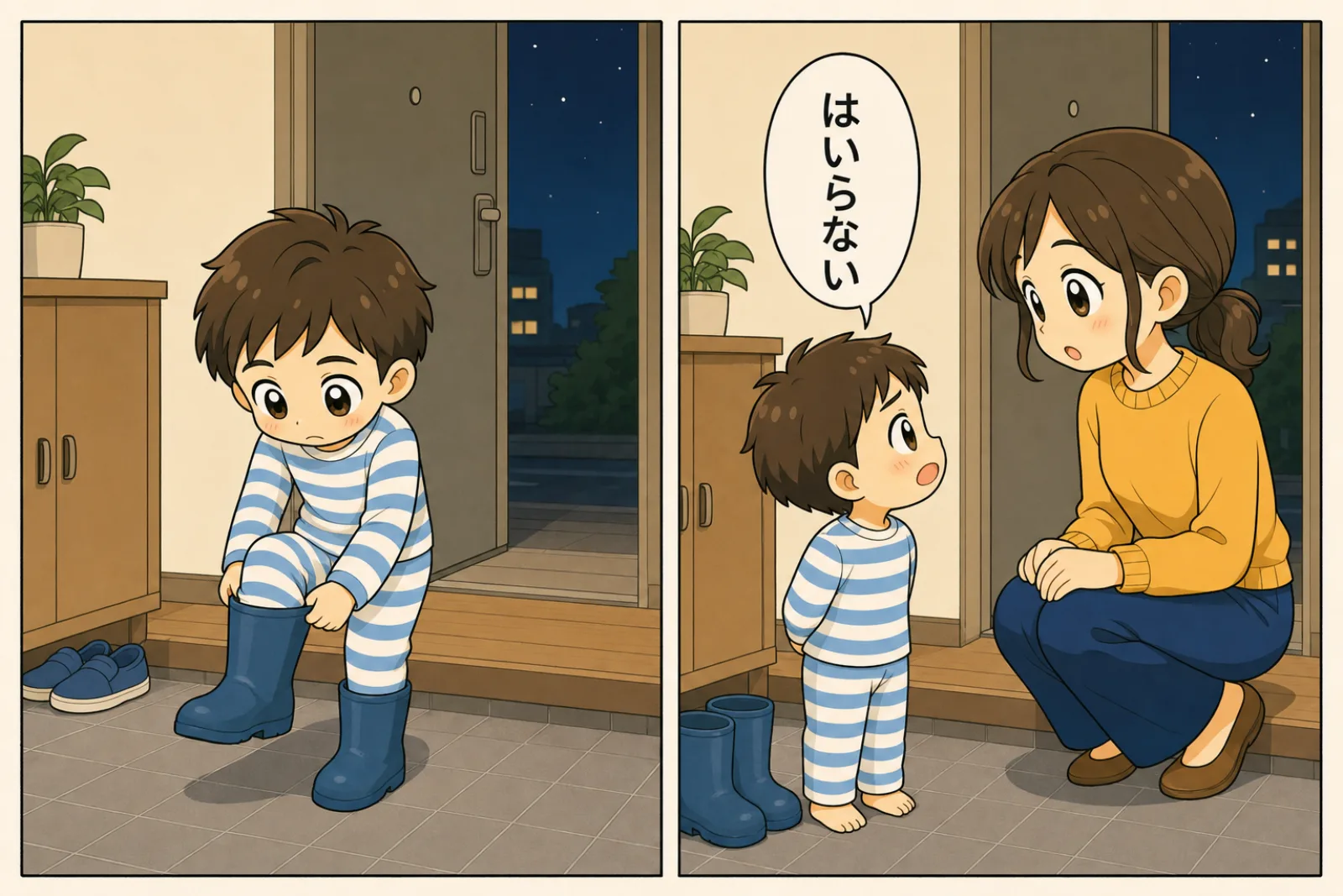 夜の玄関で青い長ぐつに足を入れようとして途中で止まる幼い息子と、「入らない」と見上げるその顔を見ている母親の2コマ