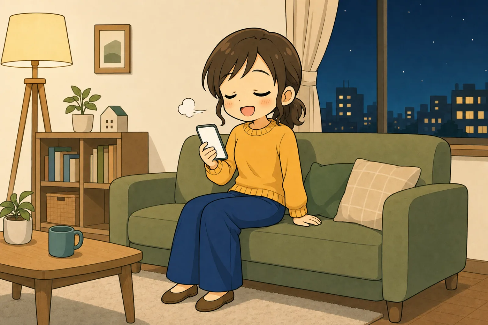 夜のリビングで、園のクラスのLINEにすぐ返信がついた画面を見て、息を吐いている母親