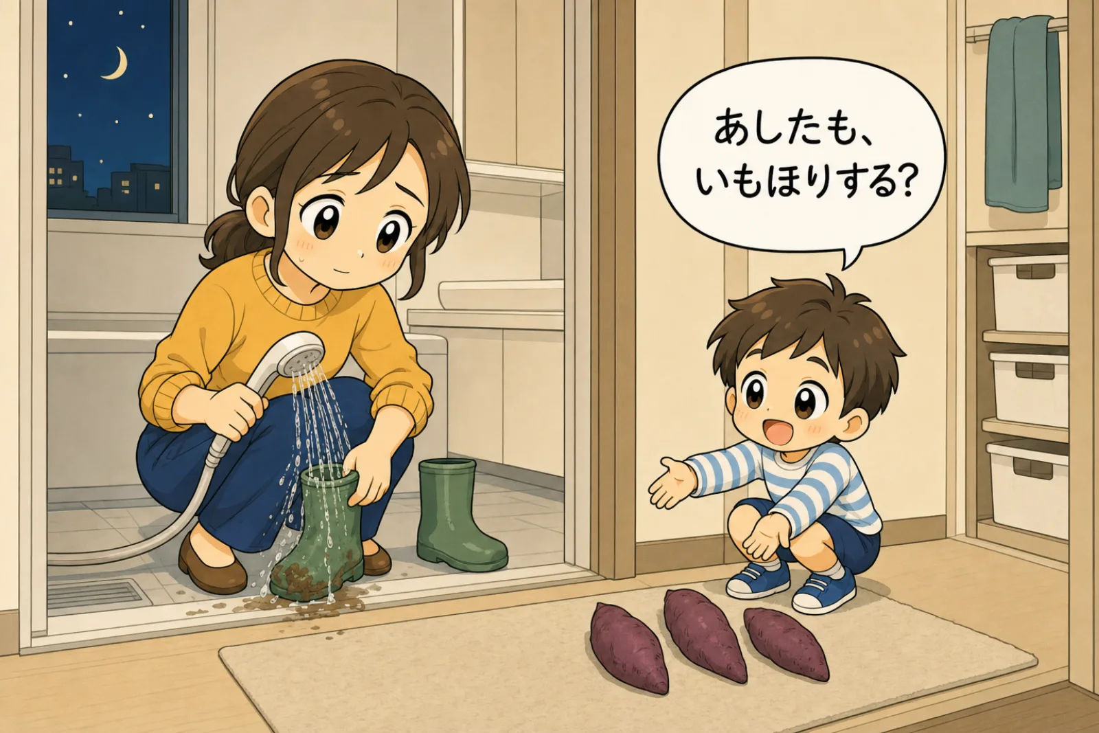 夜の風呂場で借りた長ぐつの泥を洗っている母親と、洗面所の床に芋を三本ならべて見せている幼い息子