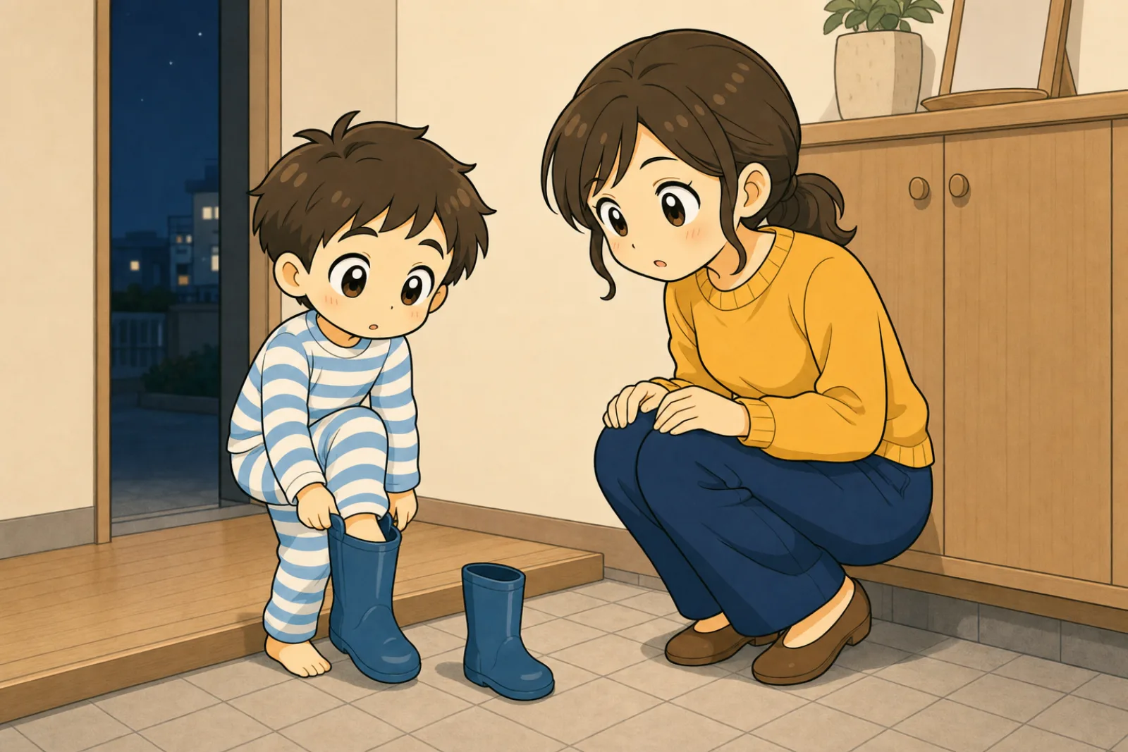 夜の玄関で、青い長ぐつに足を入れようとして途中で止まっている幼い息子と、それを見ている母親