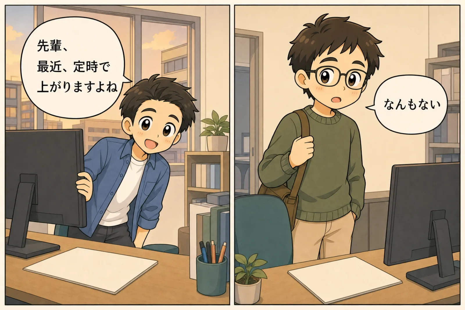 夕方のオフィスで、帰り支度をする父親に「先輩、最近、定時で上がりますよね」と話しかける若い後輩社員の2コマ