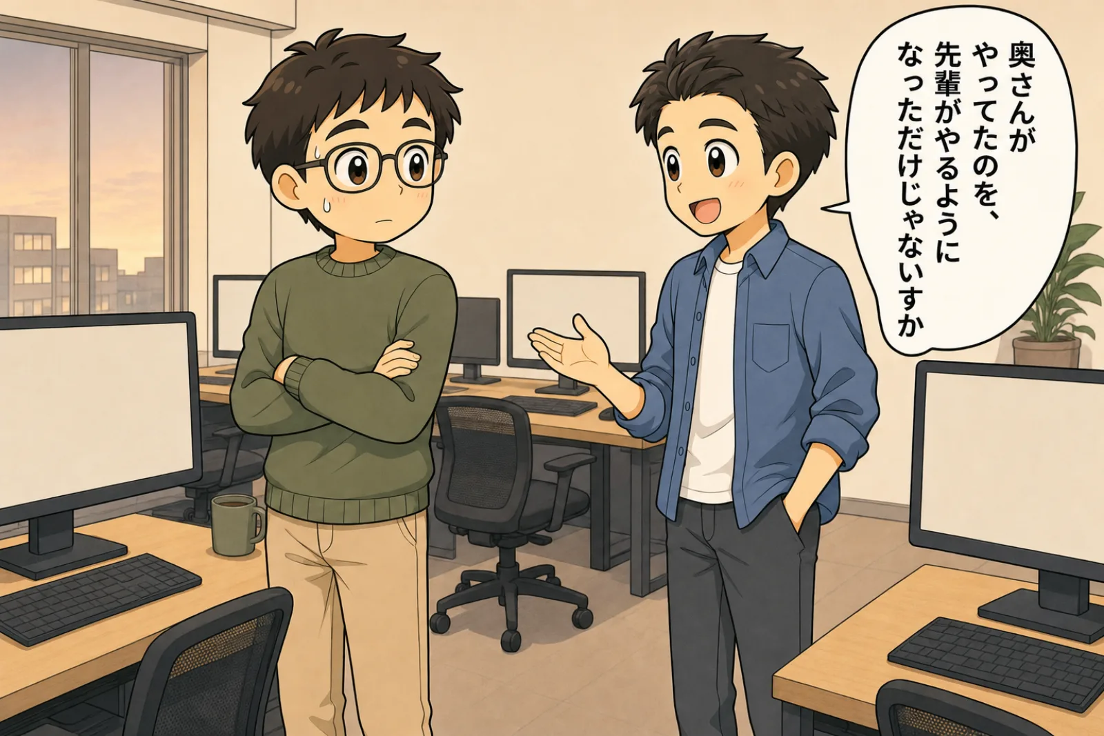 後輩が「奥さんがやってたのを、先輩がやるようになっただけじゃないすか」と言い、言葉に詰まる父親