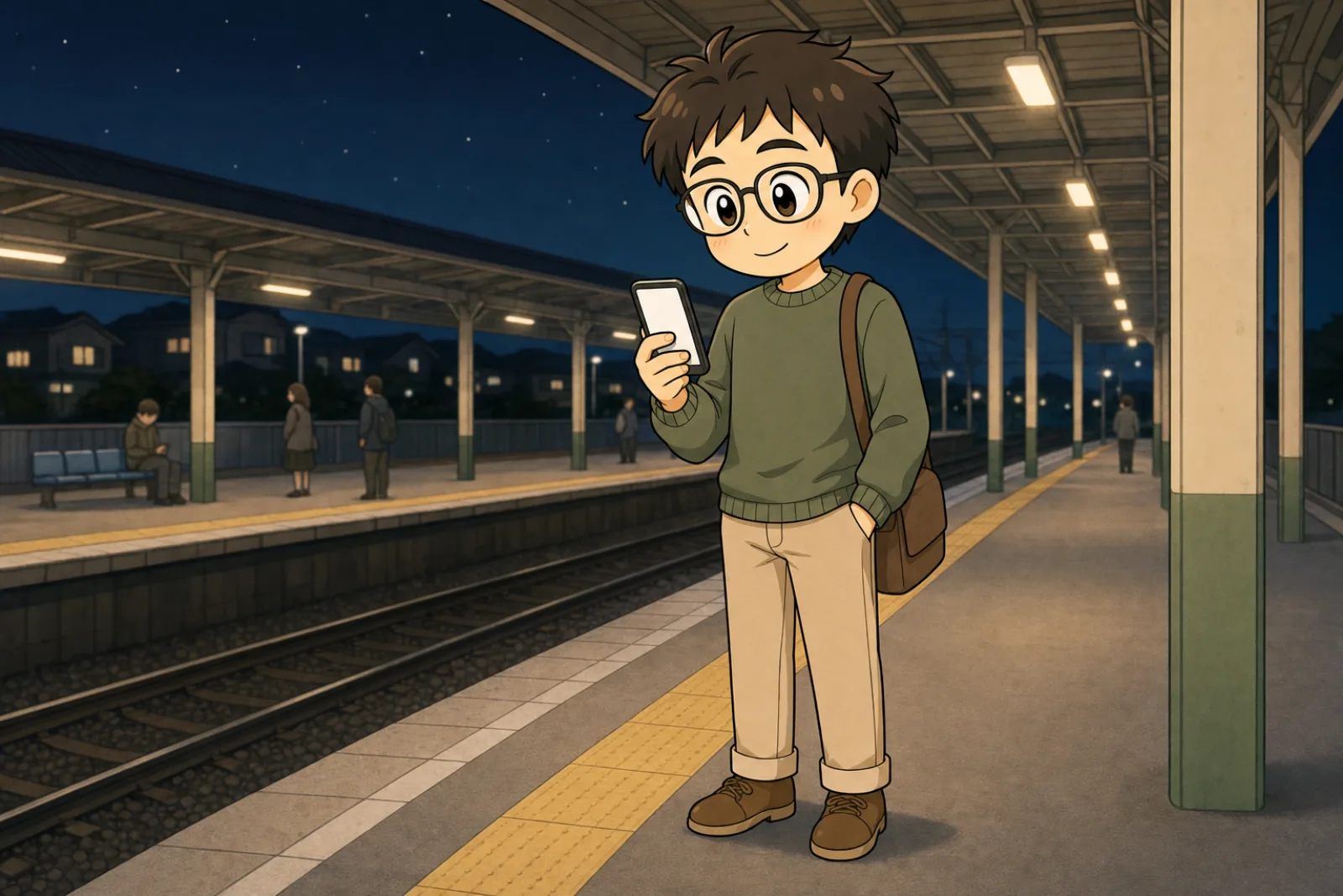 夜の駅のホームで、スマートフォンの来週の予定を見ながら少し笑っている父親